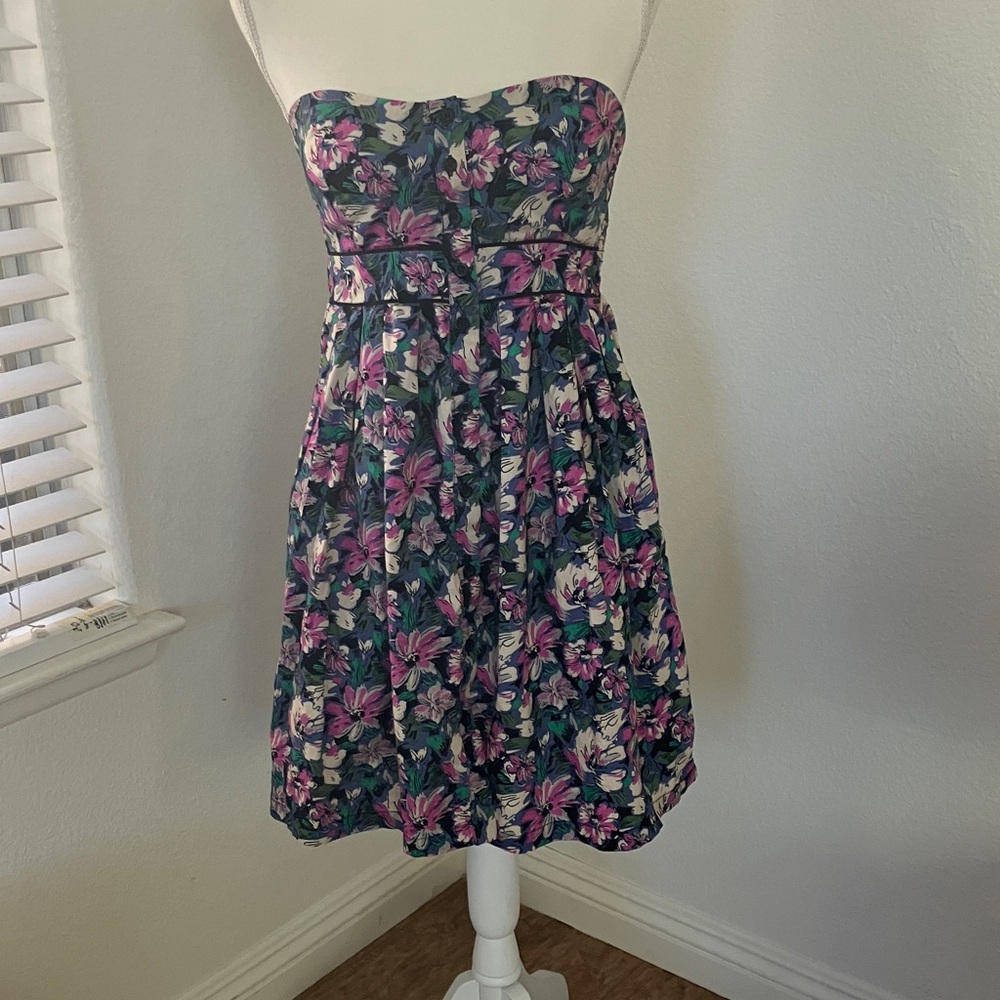 Vintage 1980’s Strapless Floral Sundress in Navy with Pink Blooms Size:S
